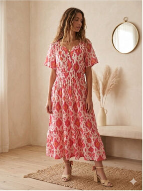 Briton Court Pink Ikat Cotton Tiered Maxi Dress Boho Gold Lurex Shimmer Large